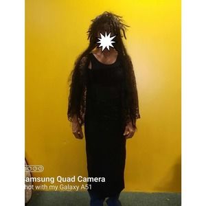 Vampire Bride, Long black wig,goth velvet dress lace sleeves silver gray gloves